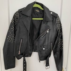 Faux leather studded bomber jacket
